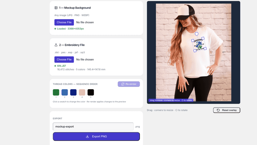 roidery mockup tool showing design placed on a shirt