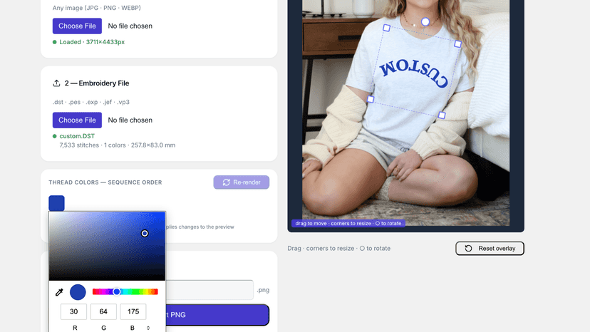 Thread color picker and embroidery file upload controls