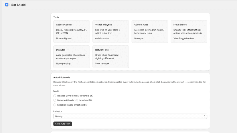 Bot Shield hub with six tool cards and Auto-Pilot mode picker
