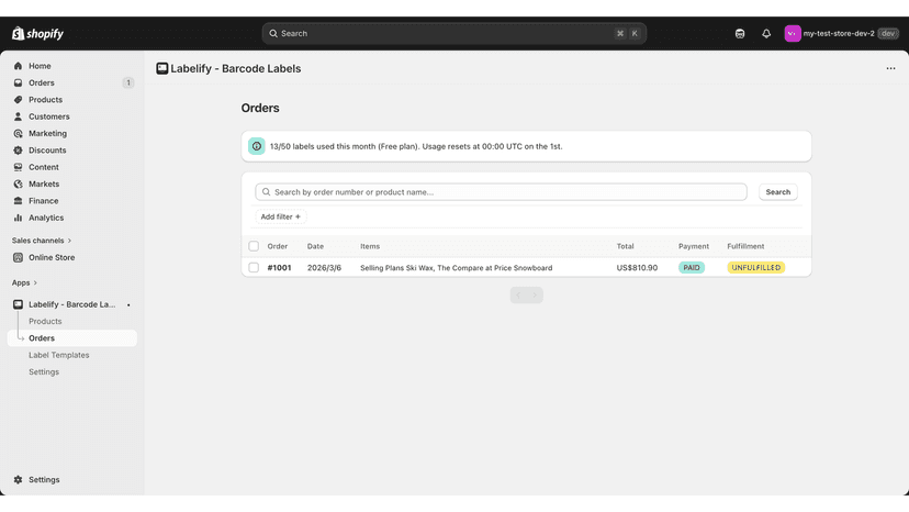 Orders page with search, status filters, and label printing