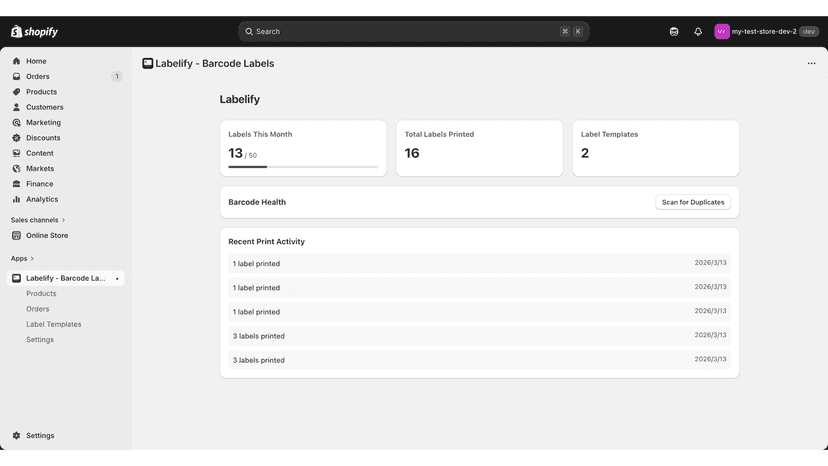 Dashboard showing label usage, templates, and recent prints