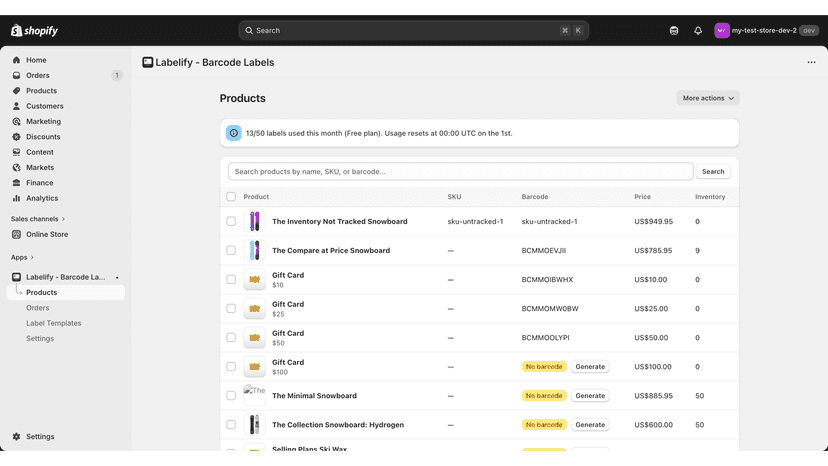 Products page with search, barcode status, and quick generation