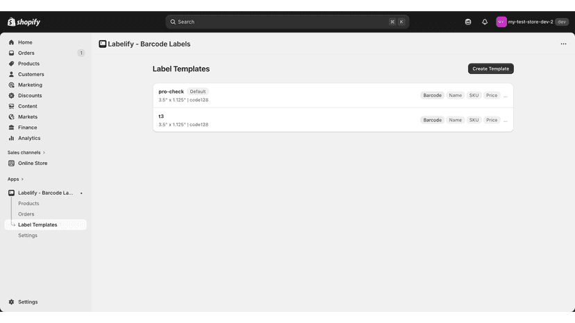 Label templates page with default and custom label templates