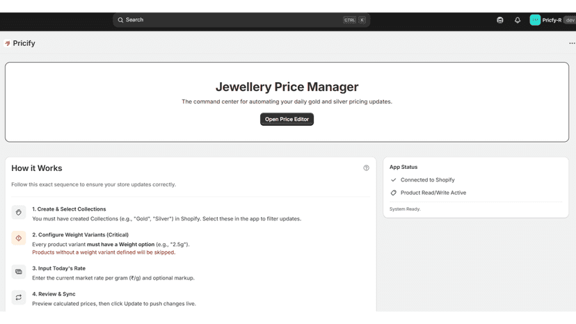 Pricify jewelry management dashboard interface.