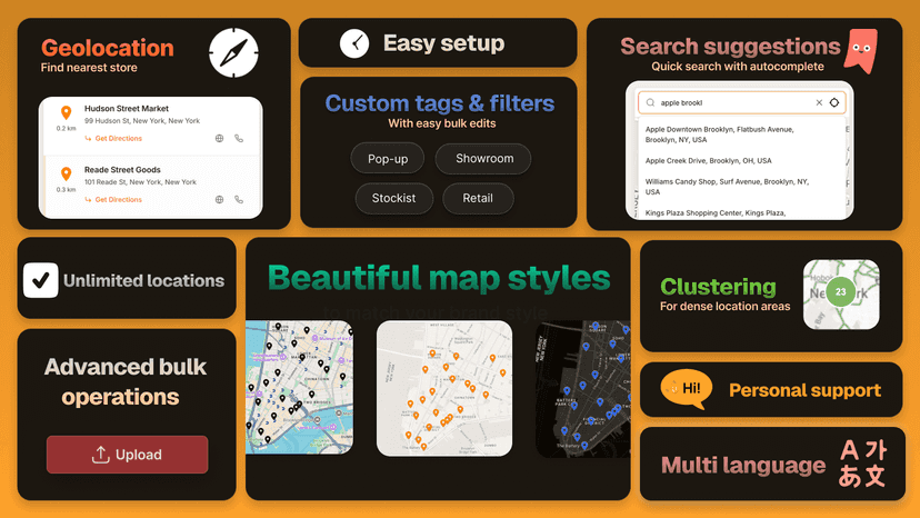 Geolocations, Easy setup, Advanced bulk operations, Clustering