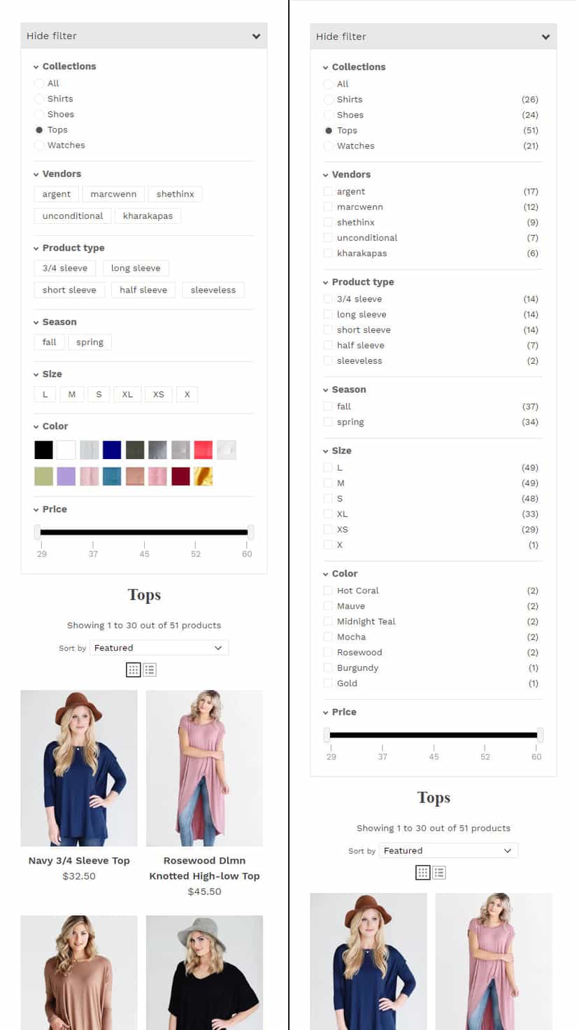 Mobile Collections Filter List and Box View Comparison