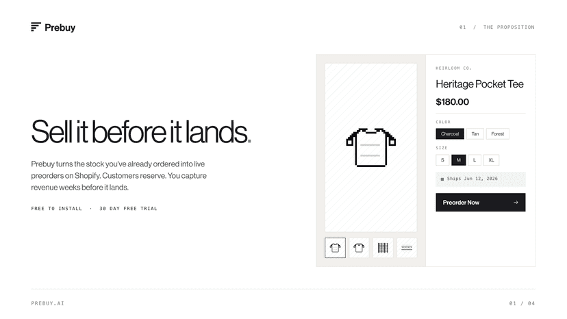 Shopify product page with ship date and Preorder Now button