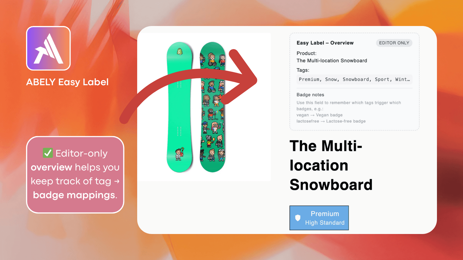 Editor overview showing tag to badge mapping