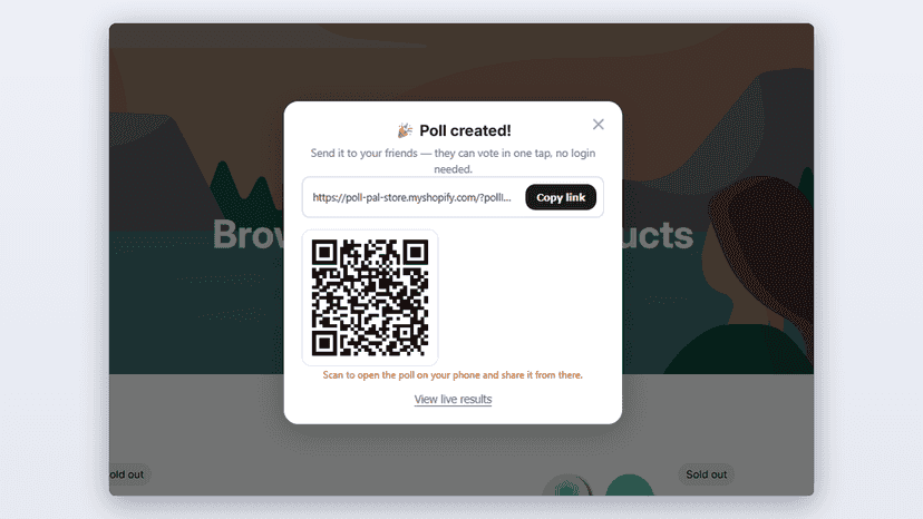 Share sheet with poll link and QR code
