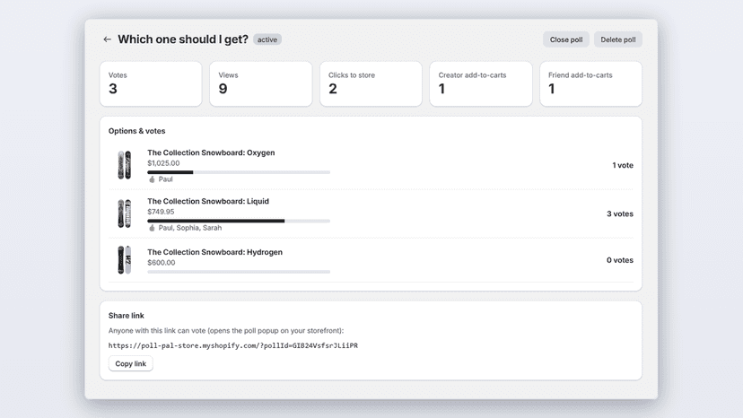 Poll detail with per-option votes and voter names