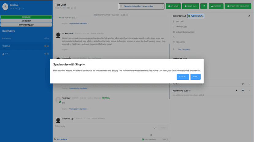 Shopify Sync Pop-up displays a confirmation prompt to sync data