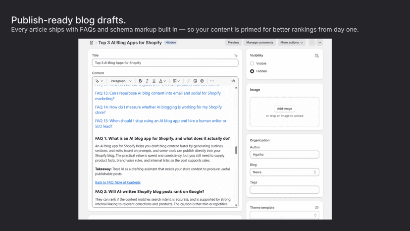 Agatha generated blog draft with FAQs and schema markup