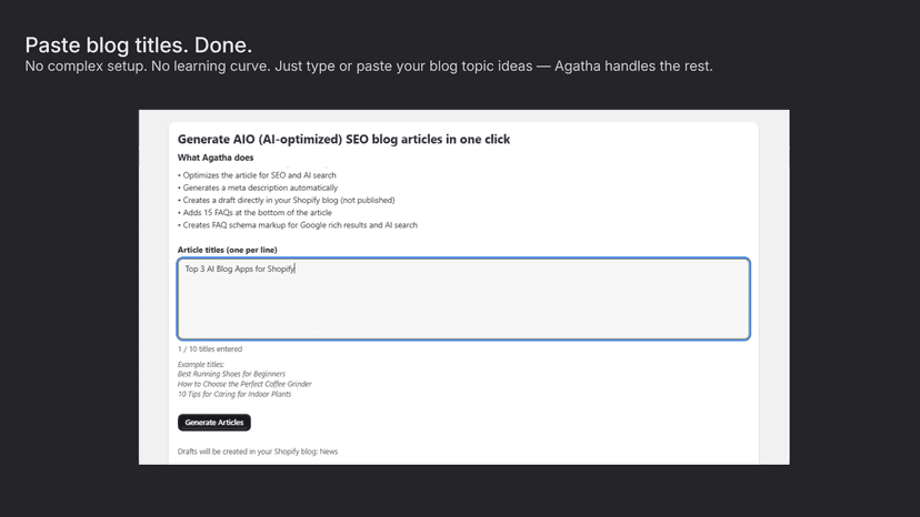 Agatha app generating a blog draft from pasted blog titles