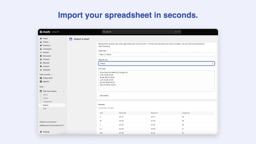 Import screen with a pasted spreadsheet and live preview