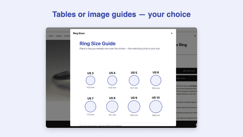 Storefront product page with an image-only ring size guide