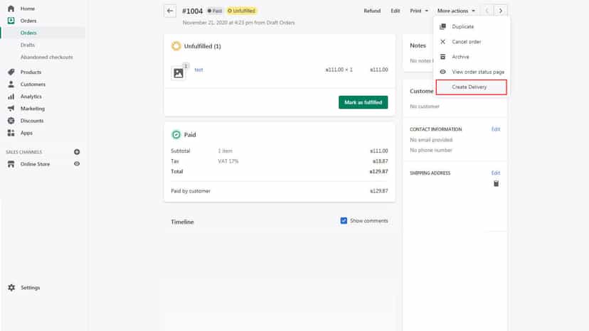 Orders screen with app button