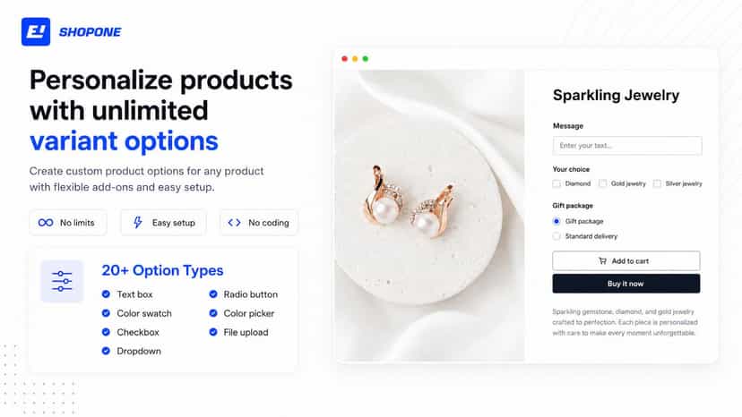 product options and varriant options, price add on, text box