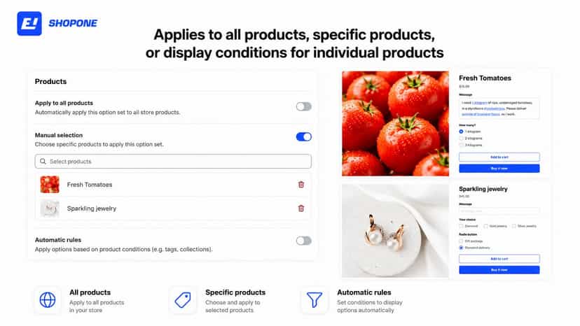 product options and varriant options, price add on, text box