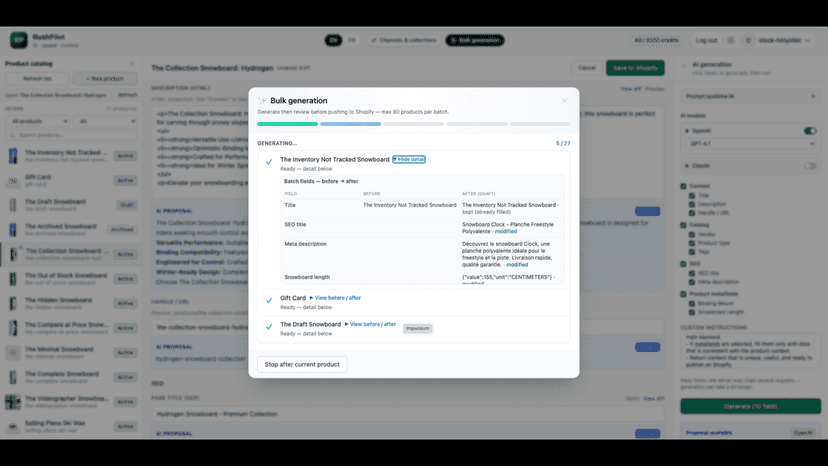 RushPilot bulk AI generation modal for product updates