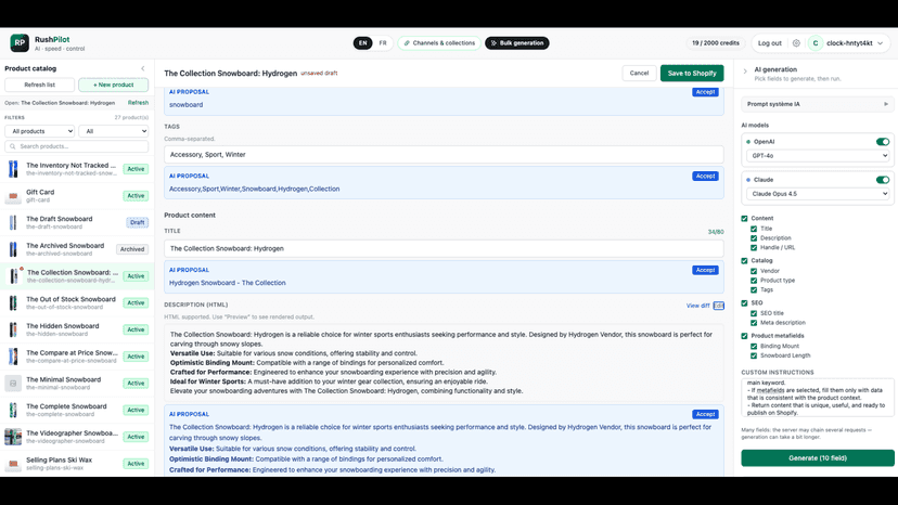RushPilot editor with AI SEO suggestions for snowboard product