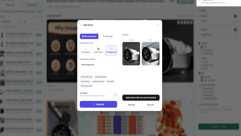 RushPilot AI image editor with watch cleanup preview