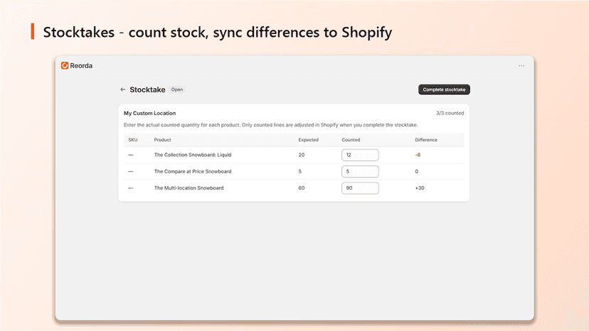Stocktake counting stock with differences synced