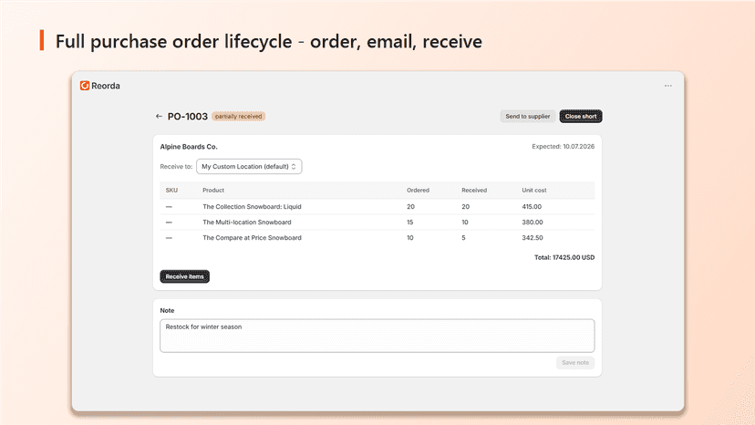 Purchase order with receiving and automatic inventory updates