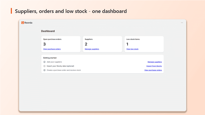 Dashboard with open purchase orders, suppliers and low stock cou