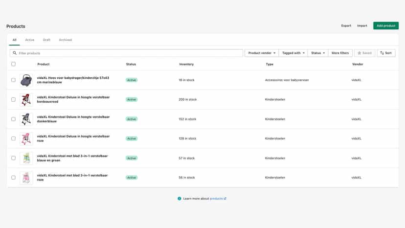 Imported vidaXL dropshipping products in a Shopify webshop