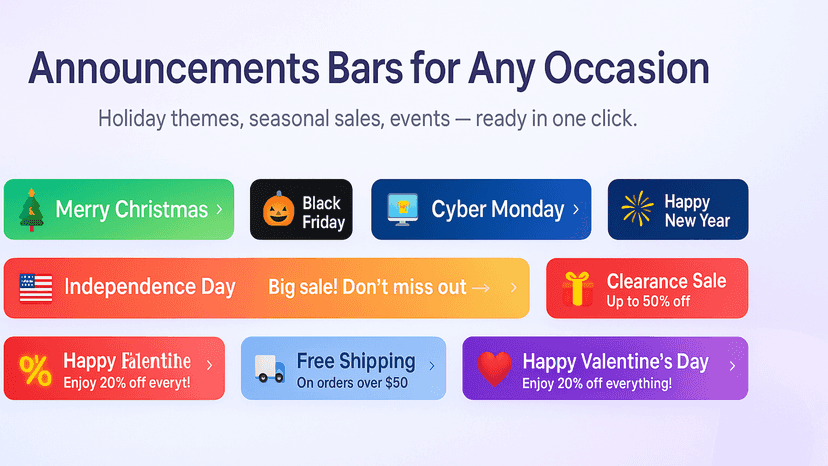 Preview of 10+ festive announcement bar styles arranged in rows,