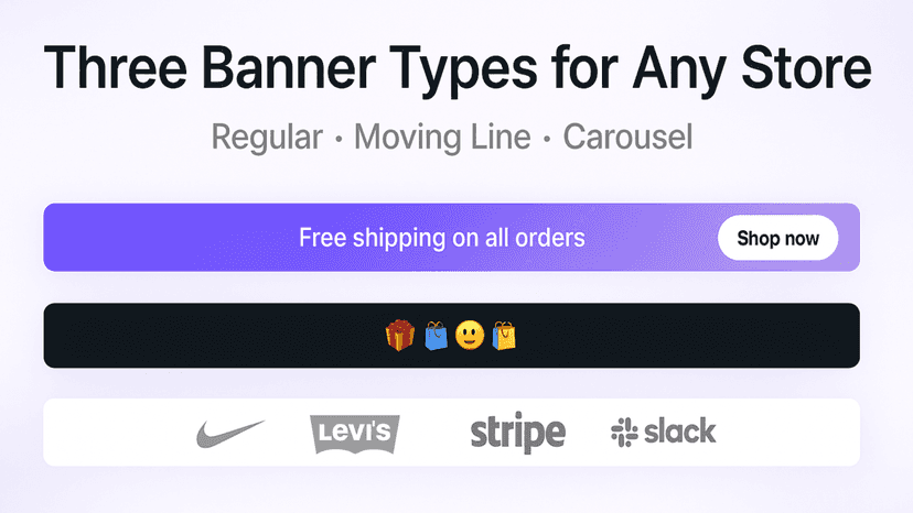 A wide hero banner showing multiple colorful announcement bars f