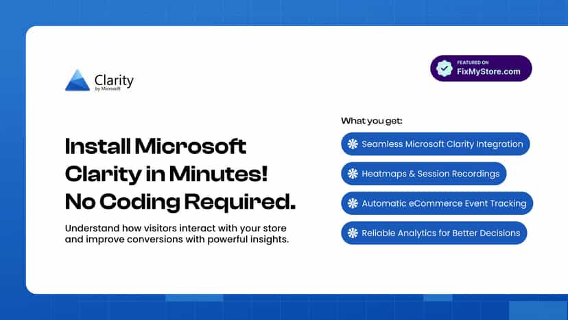 Dashboard showing Microsoft Clarity tracking code setup.