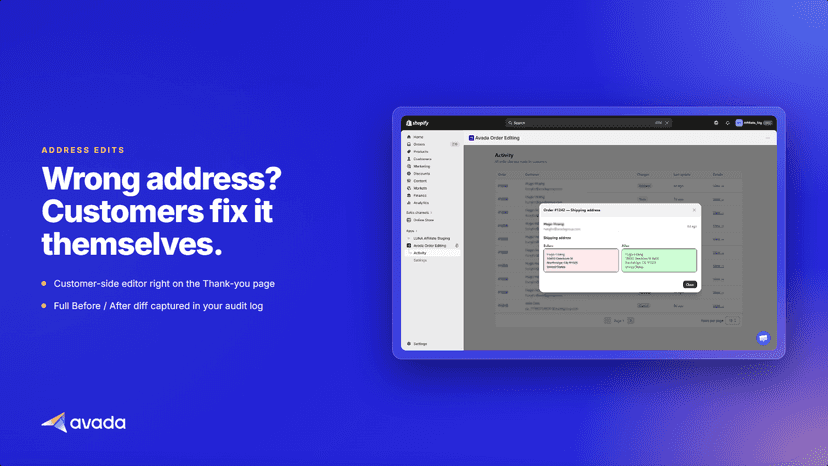 Address edit detail - Before vs After diff in Shopify admin