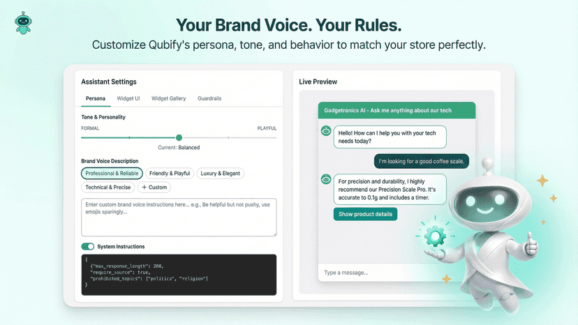 Qubify assistant persona and brand voice settings panel
