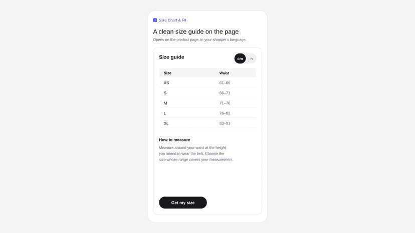 Storefront size chart with cm to inches toggle, on phone