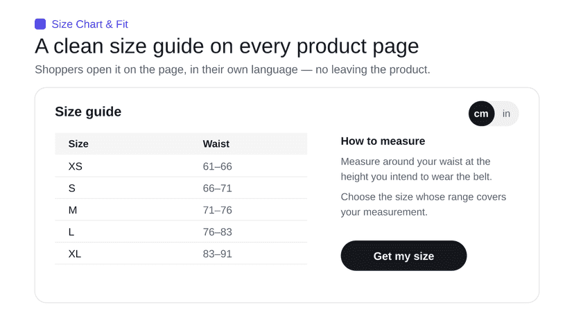 Storefront product page size chart with cm to inches toggle