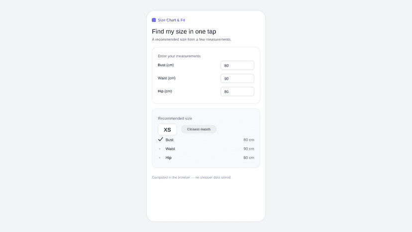 Fit finder with recommended size and confidence, on phone