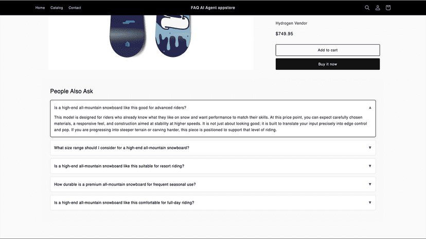 Product page with AI-generated FAQ accordion section