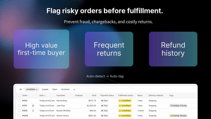 PreShip Alert flags risky orders in the Shopify order list