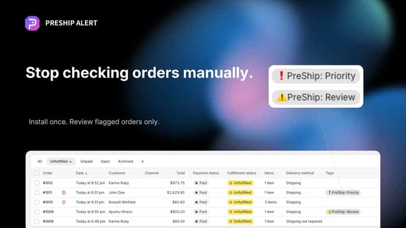 Shopify order list showing PreShip Alert tags for flagged orders