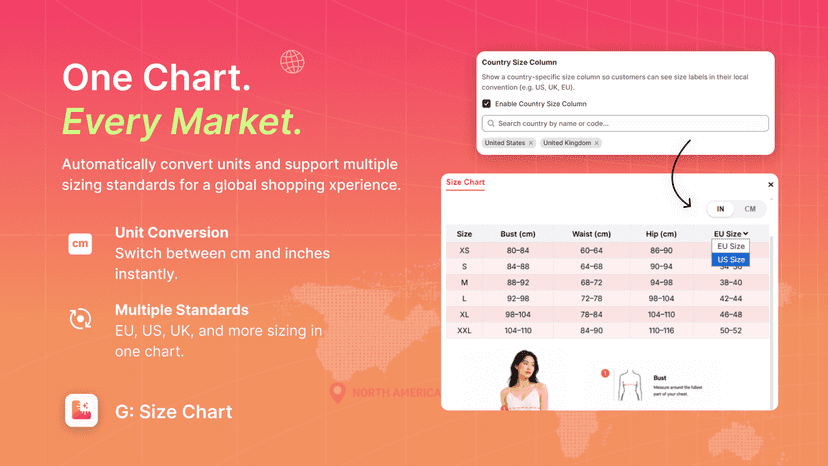 Multi-market sizing US, EU, Asia & automatic cm/inch conversion