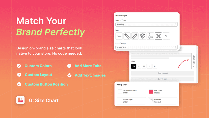 Custom button style and popup design settings for size charts