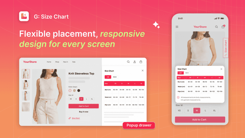 Responsive size chart popup on desktop and mobile pages
