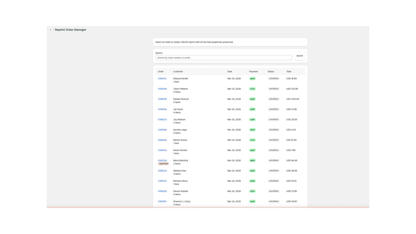 Orders page of app