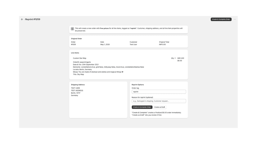 Order summary page of app