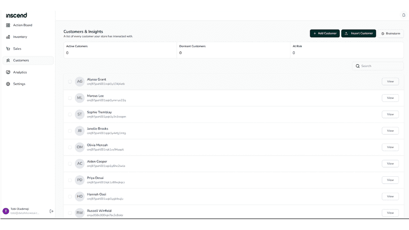 Customer list with engagement status and activity insights