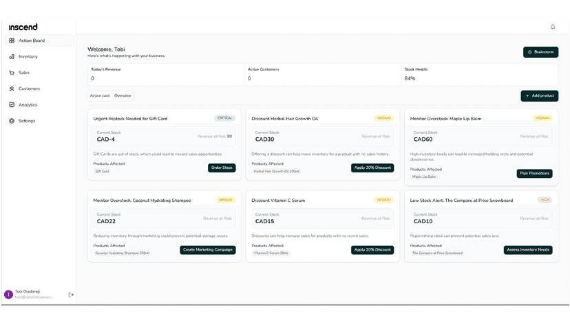 Inscend action board showing daily sales and inventory actions