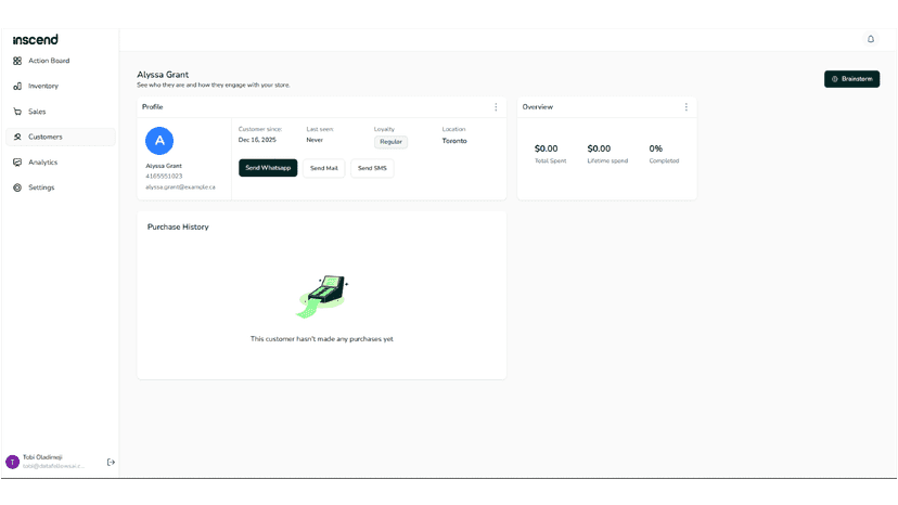 Customer profile with purchase history and engagement actions