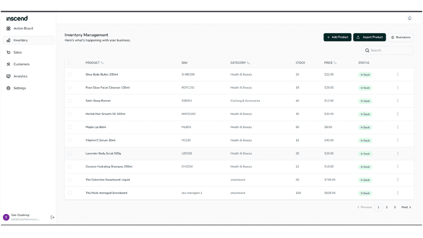 Inventory management view showing product stock levels