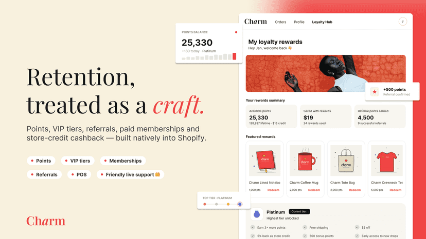 Charm loyalty rewards hub built into Shopify storefront